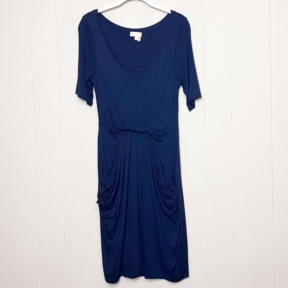 Anthropologie Meadow Rue Chignon Jersey Dress Small Navy Blue Twisted Pockets - Picture 2 of 9